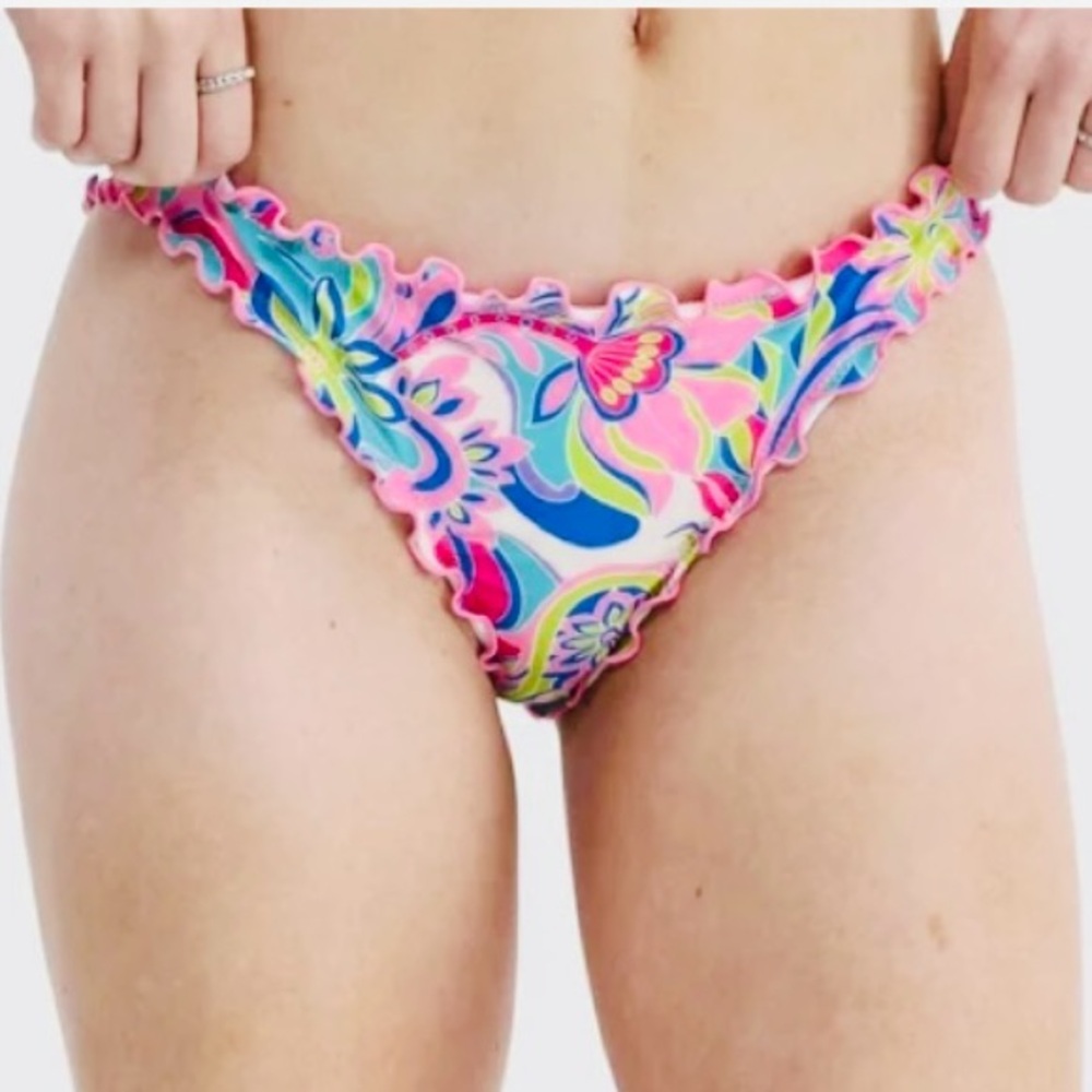 Colorful Pink Floral Bikini Bottom Lettuce Edge New with Tags Small, Med., or L